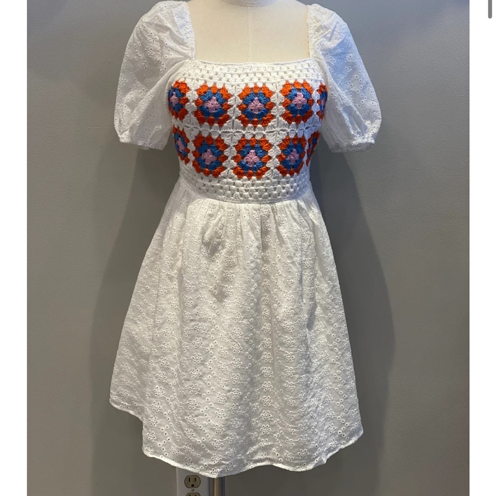 Fate Crochet Eyelet Bodice Dress w/ Granny Squares Mini Hobo Sz Small NWT